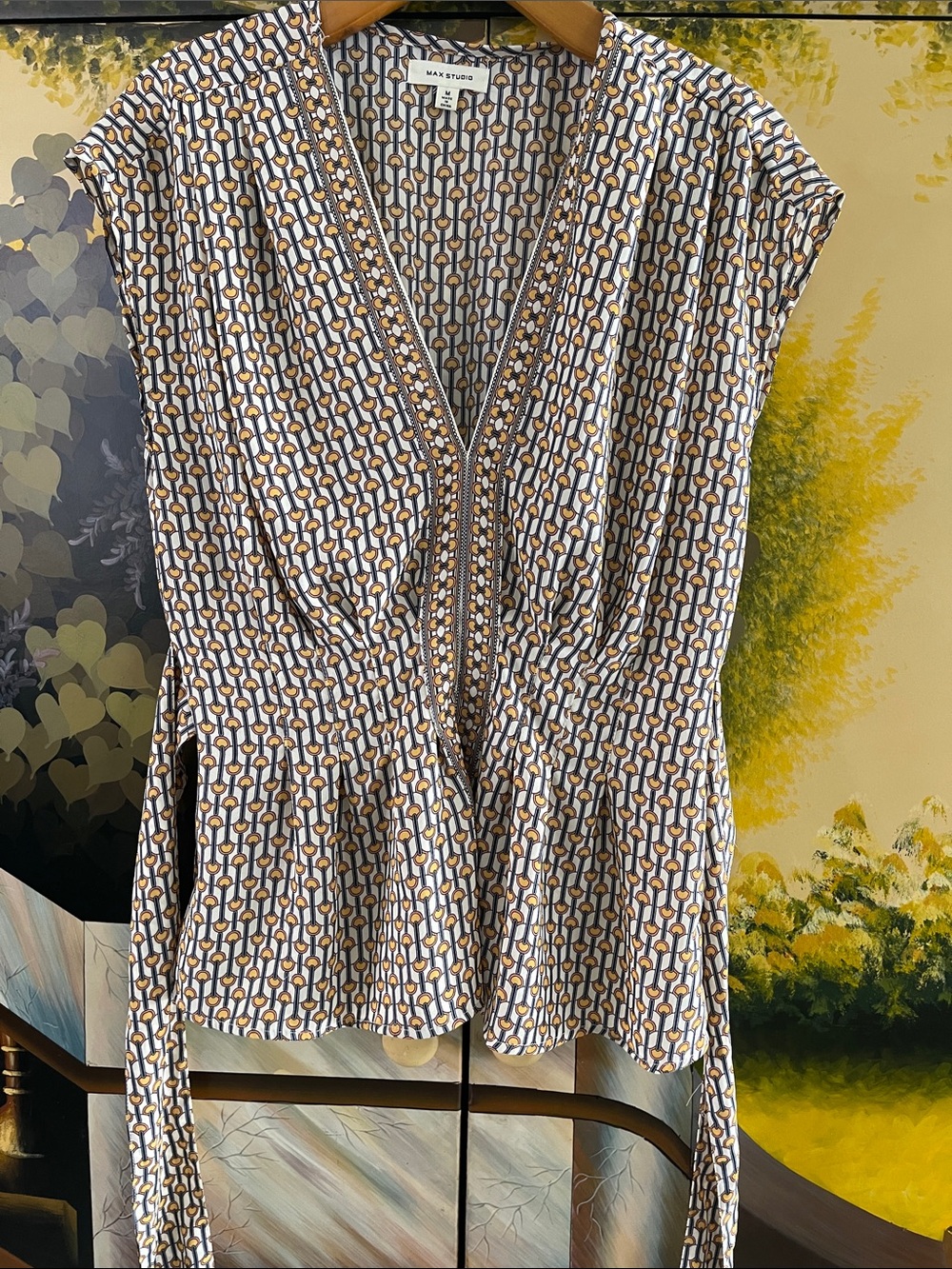 Max Studio Brown and Cream Geometric V-Neck Tie-Waist Tunic
